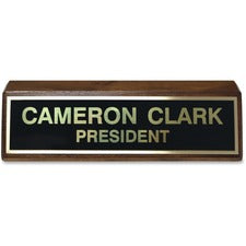 Xstamper Wood Base Brass Plated Desk Sign 8" Width x 2" Height - Rectangular Shape - Brass, Walnut Wood - Black - 1 Each