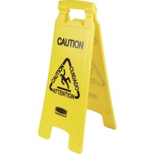Rubbermaid Commercial Multi-Lingual Caution Floor Sign Print/Message "Caution" , "Cuidado" , "Attention" - 11" Width x 25" Height x 12" Depth - Rectangular Shape - Hanging - Double Sided - Foldable, Lightweight, Durable, Multilingual - Plastic - Yellow -