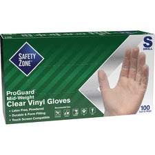 Safety Zone Powdered Clear Vinyl Gloves 9.25" Glove Length - Small Size - Clear - Powdered, Latex-free, Comfortable, Allergen-free, Silicone-free, DINP-free, DEHP-free - For General Purpose, Cleaning, Food, Janitorial Use, Cosmetics, Painting, Pet Care -
