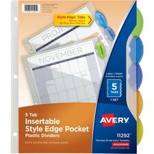 Avery&reg; Insertble Style Edge Plastic Pocket Dividers 5 x Divider(s) - 5 - 5 Tab(s)/Set - 9.3" Divider Width x 11.25" Divider Length - 3 Hole Punched - Translucent Plastic Divider - Multicolor Plastic Tab(s) - Durable, Tear Resistant, PVC-free, Hole-pun