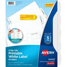 Avery&reg; Big Tab Printable Label Dividers, Easy Peel Labels, 5 Tabs 20 x Divider(s) - 5 - 5 Tab(s)/Set - 8.5" Divider Width x 11" Divider Length - 3 Hole Punched - White Paper Divider - White Paper Tab(s) - 20% Recycled - 4 / Pack
