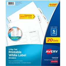 Avery&reg; Big Tab Printable White Label Dividers 20 x Divider(s) - 100 Tab(s) - 5 - 5 Tab(s)/Set - 8.5" Divider Width x 11" Divider Length - 3 Hole Punched - White Paper Divider - White Paper Tab(s) - 20% - Hole-punched, Printable, Easy Peel, Reinforced