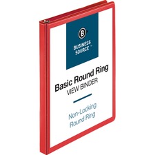 Business Source Round Ring Binder 1/2" Binder Capacity - Fastener(s): Round Ring - Pocket(s): 2, Internal - Red - Clear Overlay, Labeling Area - 1 Each