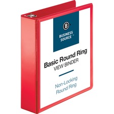 Business Source Round Ring Binder 2" Binder Capacity - Fastener(s): Round Ring - Pocket(s): 2, Internal - Red - Clear Overlay, Labeling Area - 1 Each