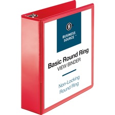 Business Source Round Ring Binder 3" Binder Capacity - Fastener(s): Round Ring - Pocket(s): 2, Internal - Red - Clear Overlay, Labeling Area - 1 Each