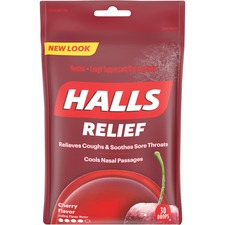 HALLS Halls Cherry Cough Drops For Sore Throat, Cough, Nasal Congestion - Cherry - 30/Bag - 12 / Box