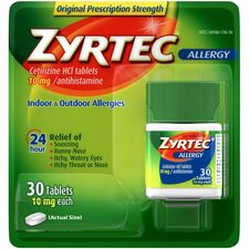 Zyrtec Allergy Tablets For Runny Nose, Sneezing, Itchy Throat - 30 / Card