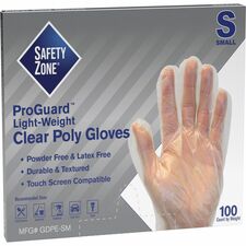 Safety Zone Clear Powder Free Polyethylene Gloves 11.75" Glove Length - Small Size - Clear - Die Cut, Heat Sealed Edge, Embossed Grip, Latex-free, Silicone-free, Recyclable - For Food - 100 / Pack