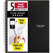 Five Star Wirebound Black 5-subject Notebook 200 Sheets - Wire Bound - Wide Ruled Front Ruling - 3 Hole(s) - 8" x 10 1/2" Sheet Size - Black Plastic Cover - Perforated, Water Resistant, Durable Cover, Resist Bleed-through, Easy Tear, Pocket Divider - 1 Ea