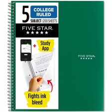 Five Star Wirebound College Rule 5 - subject Notebook - Letter 200 Sheets - Wire Bound - College Ruled Front Ruling - Letter - 8 1/2" x 11" Sheet Size - Green Cover - 1 Each