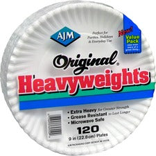 AJM 9" Original Heavyweight Plates Serving, Reheating - Disposable - Microwave Safe - 9" Diameter - White - Paper Body - 120 / Pack
