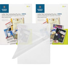 Business Source Letter Size Laminating Pouches Sheet Size Supported: Letter 8.50" Width x 11" Length - Laminating Pouch/Sheet Size: 9" Width x 11.50" Length x 5 mil Thickness - for Photo, Document, ID Badge, Recipe - Pre-trimmed - Clear - 50/Box - 2 / Bun