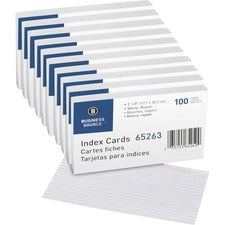 Business Source Ruled Index Cards Front Ruling Surface - Ruled Front Ruling - 72 lb Basis Weight - 8" x 5" Sheet Size - White Paper - 100/Pack - 5 / Box