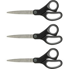 Sparco Straight Scissors w/Rubber Grip Handle 8" Overall Length - Straight - Stainless Steel - Black, Gray - 3 / Bundle