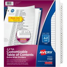 Avery&reg; Extra Wide A-Z Tabs Ready Index Dividers 26 x Divider(s) - A-Z, Table of Contents - 26 Tab(s)/Set - 9.3" Divider Width x 11" Divider Length - 3 Hole Punched - White Paper Divider - Black Paper, White Tab(s) - Hole-punched, Pre-printed, Printabl