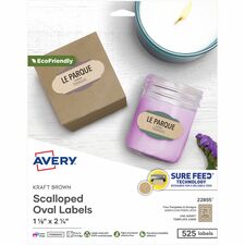 Avery&reg; Multipurpose Label Waterproof - 1 1/8" Width x 2 1/4" Length - Permanent Adhesive - Oval Scallop - Inkjet, Laser - Matte Kraft Brown - Matte - Paper - Customizable, Easy Peel, Permanent Adhesive, Pop Up Edge, Print-to-the Edge, PVC-free, Recycl