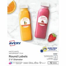 Avery&reg; Durable Waterproof Labels, 2.5" Diameter, 72 Total Waterproof - x 2 1/2" Diameter - Permanent Adhesive - Round - Inkjet, Laser - Matte White - Matte - Film - Print-to-the Edge, Permanent Adhesive, Scuff Resistant, Tear Resistant, Bleed Resistan