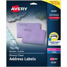 Avery&reg; Easy Peel High Gloss Clear Mailing Labels 2/3" Width x 1 3/4" Length - Permanent Adhesive - Rectangle - Inkjet, Laser - Clear - Film - 60 / Sheet - 10 Total Sheets - 600 Total Label(s) - 600 / Pack