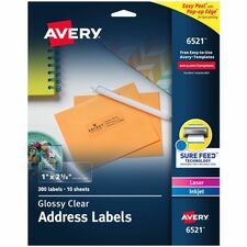 Avery&reg; Easy Peel High Gloss Clear Mailing Labels 1" Width x 2 5/8" Length - Permanent Adhesive - Rectangle - Inkjet, Laser - Glossy - Clear - Film - Permanent Adhesive, Jam Resistant, Easy Peel, Pop Up Edge - 30 / Sheet - 10 Total Sheets - 300 Total L