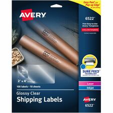 Avery&reg; Shipping Labels, Glossy Clear, 2" x 4" , 100 Labels (6522) 2" Width x 4" Length - Permanent Adhesive - Rectangle - Inkjet, Laser - Glossy - Clear - Film - Permanent Adhesive, Jam Resistant, Easy Peel, Pop Up Edge - 10 / Sheet - 10 Total Sheets