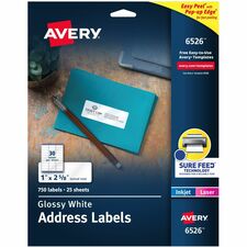 Avery&reg; Address Labels, Glossy White, 1" x 2-5/8" , 750 Total (6526) 1" Width x 2 5/8" Length - Permanent Adhesive - Rectangle - Inkjet, Laser - Glossy - White - Paper - Permanent Adhesive, Jam Resistant, Easy Peel, Pop Up Edge - 30 / Sheet - 25 Total