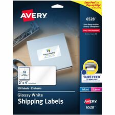 Avery&reg; Shipping Labels, Glossy White, 2" x 4" , 250 Total (6528) 2" Width x 4" Length - Permanent Adhesive - Rectangle - Inkjet, Laser - White - Paper - Permanent Adhesive, Jam Resistant, Easy Peel, Pop Up Edge - 10 / Sheet - 25 Total Sheets - 250 Tot