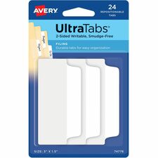 Avery&reg; UltraTabs Filing Tabs 24 Tab(s) - 1.50" Tab Height x 3" Tab Width - Clear Film, White Paper Tab(s) - 24 / Pack