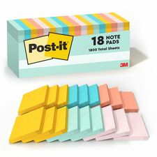 Post-it&reg; Notes Cabinet Pack 3" Flag/Note Width x 3" Flag/Note Length - Square - 100 Sheets per Pad - Unruled - Fresh Mint, Aqua Splash, Sunnyside, Papaya Fizz, Guava - Self-adhesive, Self-stick - 18 / Pack