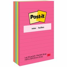Post-it&reg; Notes Original Notepads - Poptimistic Color Collection 4" Flag/Note Width x 6" Flag/Note Length - Rectangle - 100 Sheets per Pad - Ruled - Power Pink, Neon Green, Aqua, Neon Orange, Guava Pink - Self-adhesive, Self-stick - 5 / Pack
