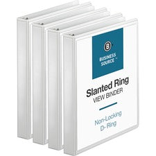 Business Source Basic D-Ring View Binders 1" Binder Capacity - Letter - 8 1/2" x 11" Sheet Size - 240 Sheet Capacity - 3 Ring(s) - Fastener(s): Slant D-Ring - Pocket(s): Internal - Polypropylene - White - Sturdy, Clear Overlay, Spine Label, Non-glare, Exp