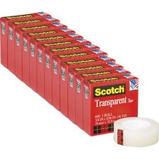 Scotch Transparent Tape - 3/4"W 36 yd Length x 0.75" Width - 1" Core - Clear - Stain Resistant, Moisture Resistant, Long Lasting - For Multipurpose, Mending, Packing, Label Protection, Wrapping - 12 / Pack