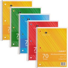 Sparco Wirebound Notebooks 70 Sheets - Wire Bound - College Ruled Front Ruling - Unruled Margin - 16 lb Basis Weight - 8" x 10 1/2" Sheet Size - Assorted Chipboard Cover - Subject, Stiff-cover, Stiff-back, Perforated, Hole-punched - 5 / Bundle