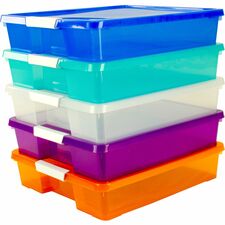 Storex Storage Case External Dimensions: 14" Length x 14" Width x 3" Height - Latching Closure - Stackable - Assorted Bright - For Classroom Supplies, Paper, Decoration Equipment, Craft Supplies - 5 / Carton