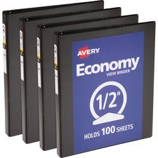Avery&reg; Economy View Binder 1/2" Binder Capacity - Letter - 8 1/2" x 11" Sheet Size - 100 Sheet Capacity - 3 Ring(s) - Fastener(s): Round Ring - Pocket(s): 2, Internal - Vinyl, Chipboard - Black - 1 lb - Gap-free Ring, Exposed Rivet, Non Locking Mechan