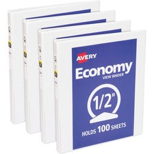 Avery&reg; Economy View Binder 1/2" Binder Capacity - Letter - 8 1/2" x 11" Sheet Size - 100 Sheet Capacity - 3 Ring(s) - Fastener(s): Round Ring - Pocket(s): 2, Internal - Vinyl, Chipboard - White - 13.12 lb - Gap-free Ring, Exposed Rivet, Non Locking Me