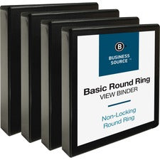 Business Source Round Ring View Binder 1 1/2" Binder Capacity - Letter - 8 1/2" x 11" Sheet Size - 350 Sheet Capacity - Fastener(s): Round Ring - Pocket(s): 2, Internal - Chipboard, Polypropylene - Black - Wrinkle-free, Gap-free Ring, Clear Overlay, Non L