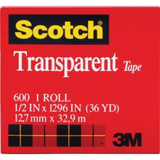 Scotch Transparent Tape - 1/2"W 36 yd Length x 0.50" Width - 1" Core - Clear - Moisture Resistant, Stain Resistant, Long Lasting - For Multipurpose, Mending, Packing, Label Protection, Wrapping - 12 / Pack