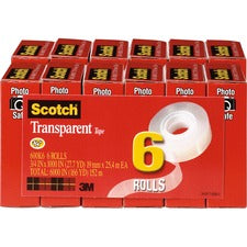 Scotch Transparent Tape - 3/4"W 27.78 yd Length x 0.75" Width - 1" Core - Clear - Moisture Resistant, Stain Resistant, Long Lasting - For Mending, Packing, Multipurpose, Wrapping, Label Protection - 6/Pack - 2 / Bundle