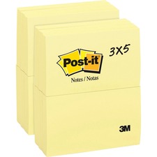 Post-it&reg; Notes Original Notepads 3" Flag/Note Width x 5" Flag/Note Length - Rectangle - 100 Sheets per Pad - Unruled - Canary Yellow - Paper - Self-adhesive, Repositionable - 12/Pack - 2 / Bundle