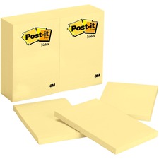 Post-it&reg; Notes Original Notepads 4" Flag/Note Width x 6" Flag/Note Length - Rectangle - 100 Sheets per Pad - Unruled - Canary Yellow - Paper - Self-adhesive, Repositionable - 12/Pack - 2 / Bundle