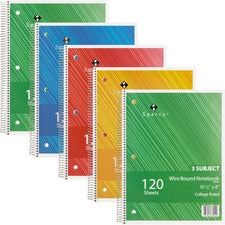 Sparco Wire Bound College Ruled Notebook 120 Sheets - Wire Bound - College Ruled Front Ruling - Unruled Margin - 16 lb Basis Weight - 8" x 10 1/2" Sheet Size - Assorted Paper - Assorted Chipboard Cover - Resist Bleed-through, Subject, Stiff-cover, Stiff-b