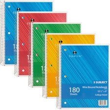 Sparco Wirebound College Ruled Notebooks 180 Sheets - Wire Bound - College Ruled Front Ruling - Unruled Margin - 8" x 10 1/2" Sheet Size - Assorted Paper - Assorted Chipboard Cover - Resist Bleed-through, Subject, Stiff-back, Stiff-cover - 5 / Bundle