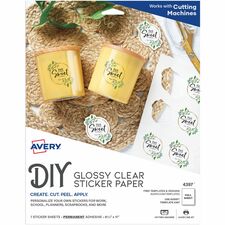 Avery&reg; Permanent Sticker Paper Letter - 8 1/2" x 11" - Printable, Permanent, Print-to-the-edge, Acid-free, Lignin-free - Glossy, Clear - 7/Pack - 6 / Carton