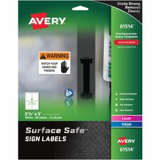 Avery&reg; 3-1/2"x5" Removable Label Safety Signs 3 1/2" Width x 5" Length - Removable Adhesive - Rectangle - Laser, Inkjet - White - Film - Water Resistant - 4 / Sheet - 15 Total Sheets - 60 Total Label(s) - 60 / Pack