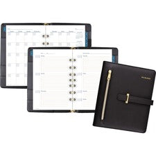 At-A-Glance Buckle Closure Undated Desk Start Set Julian Dates - Weekly, Monthly - 8:00 AM to 5:00 PM - 1 Month, 1 Week Double Page Layout - 5 1/2" x 8 1/2" Sheet Size - 7-ring - Desk - Black - Faux Leather - Reference Calendar, Tab Closure, Appointment S