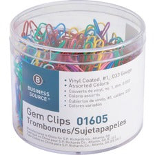 Business Source Vinyl-coated Gem Clips Small - No. 1 - 1.8" Length x 0.5" Width - for Paper - Rust Resistant - Assorted - 500 / Box