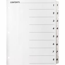 Business Source Table of Content Quick Index Dividers Printed Tab(s) - Digit - 1-8 - 8 Tab(s)/Set - 8.5" Divider Width x 11" Divider Length - 3 Hole Punched - White Divider - White Mylar Tab(s) - 8 / Set