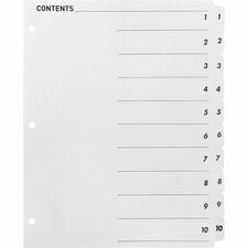 Business Source Table of Content Quick Index Dividers Printed Tab(s) - Digit - 1-10 - 10 Tab(s)/Set - 8.5" Divider Width x 11" Divider Length - 3 Hole Punched - White Divider - White Mylar Tab(s) - 10 / Set