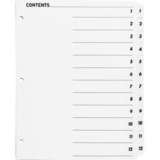 Business Source Table of Content Quick Index Dividers Printed Tab(s) - Digit - 1-12 - 12 Tab(s)/Set - 8.5" Divider Width x 11" Divider Length - 3 Hole Punched - White Divider - White Mylar Tab(s) - 12 / Set