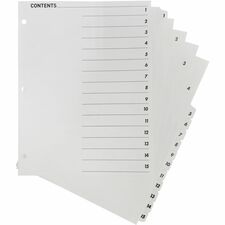 Business Source Table of Content Quick Index Dividers Printed Tab(s) - Digit - 1-15 - 15 Tab(s)/Set - 8.5" Divider Width x 11" Divider Length - 3 Hole Punched - White Divider - White Mylar Tab(s) - 15 / Set